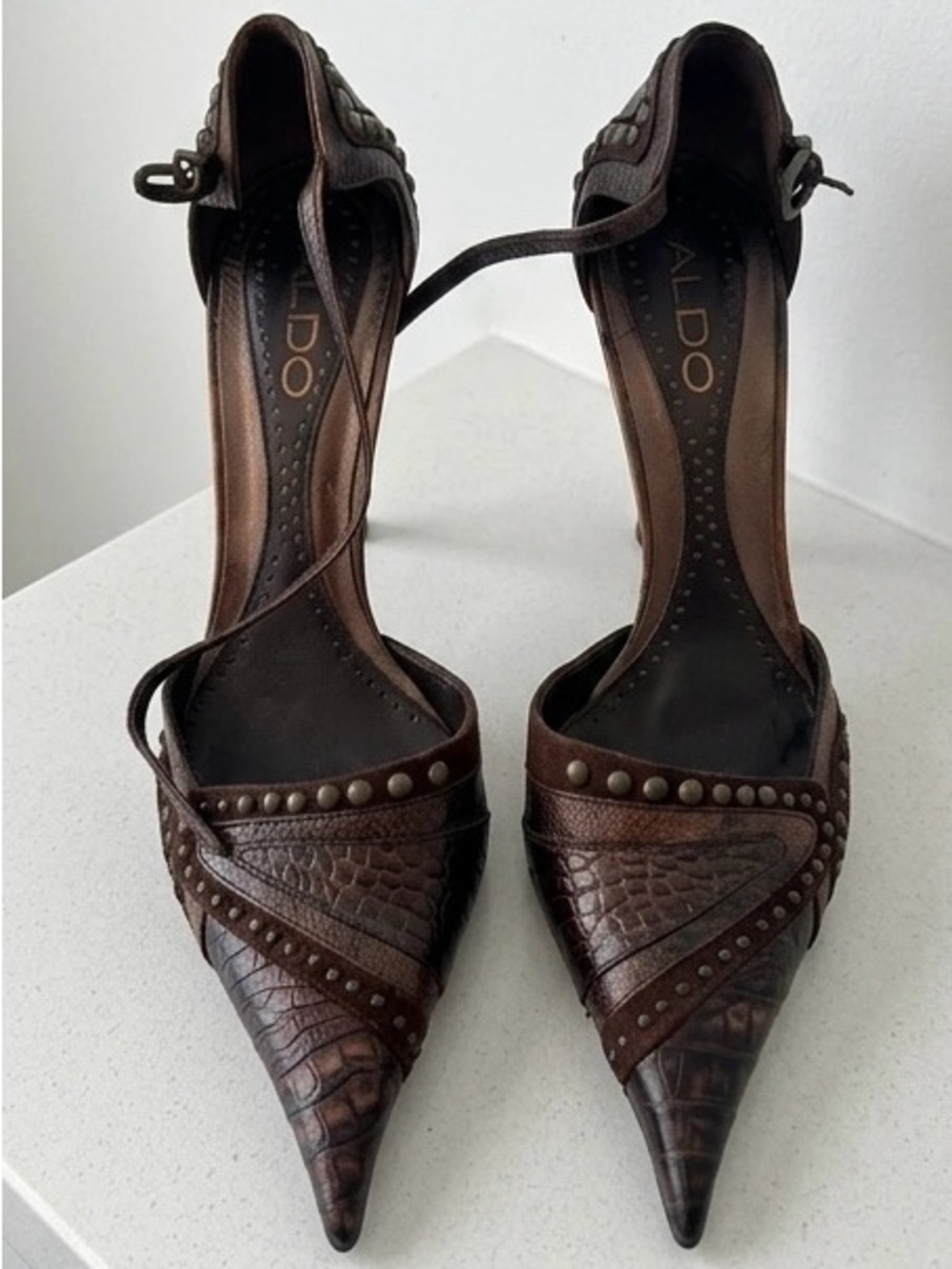 ALDO Dark Brown Croc-Textured Pointed-Toe Ankle-Strap Heels
